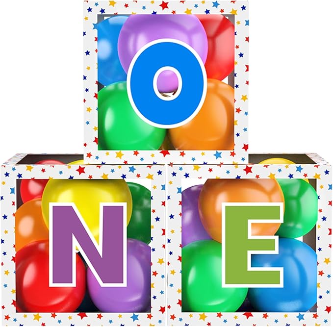 First Birthday Decorations for Boy Girls, ONE Balloon Boxes with Balloons, ONE Blocks for Baby 1st Birthday Backdrop, Cake Smash Photo Props (Star)