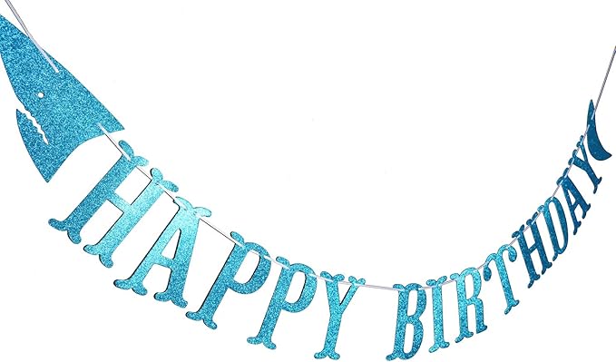 Shark Happy Birthday Banner and Shark Garlands, Ocean Beach Under The Sea Theme Party, Shark Party Supplies (Blue)