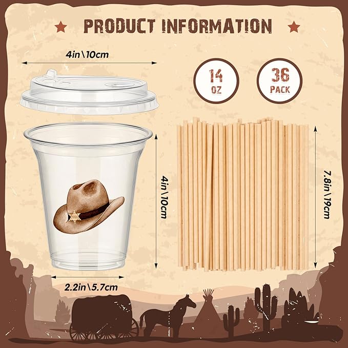Boao 36 Sets Wild West Party Decorations Cowboy Party Cups with Lids and Paper Straws 14 oz Cowboy Birthday Supplies Brown Pattern Disposable Clear Plastic Cups Bulk