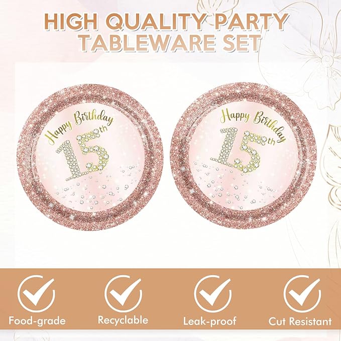 15th Birthday Decorations for Girls,15th Birthday Plates and Napkins,Rose Gold 15 Year Old Birthday Tableware 15 Party Table Decorations Supplies,Disposable 7'' Paper Plates, Napkins for Teen Party