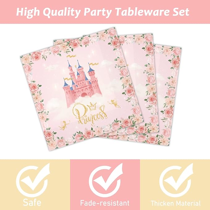 96 Pcs Princess Party Supplies - Pink Floral Tableware Set With Plates and Napkins for Girls Birthday Baby Shower - Decorations and Favors Serving 24