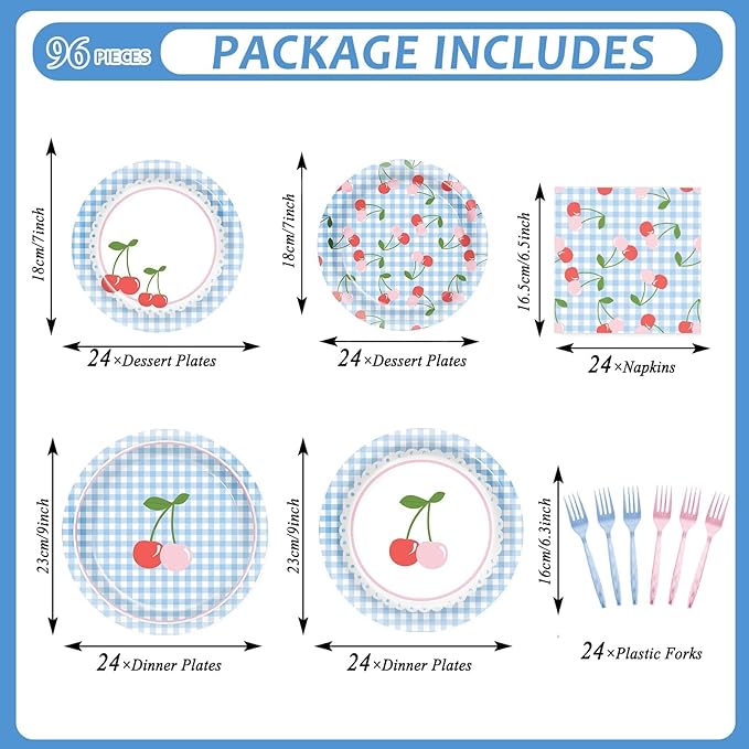 96Pcs Cherry Birthday Party Decorations Cherry Plates and Napkins Blue Checked Paper Plates Cherries on Top Disposable Tableware for Baby Shower Bridal Bachelorette Supplies Cherries