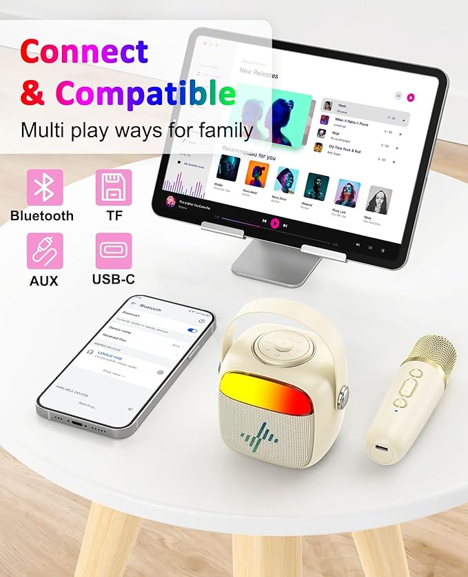LENRUE Karaoke Machine for Kids, Birthday Gifts for Girls Boys with Wireless Microphone, Led Lights, Portable Bluetooth Speaker for Home, Family, Party (2MIC)