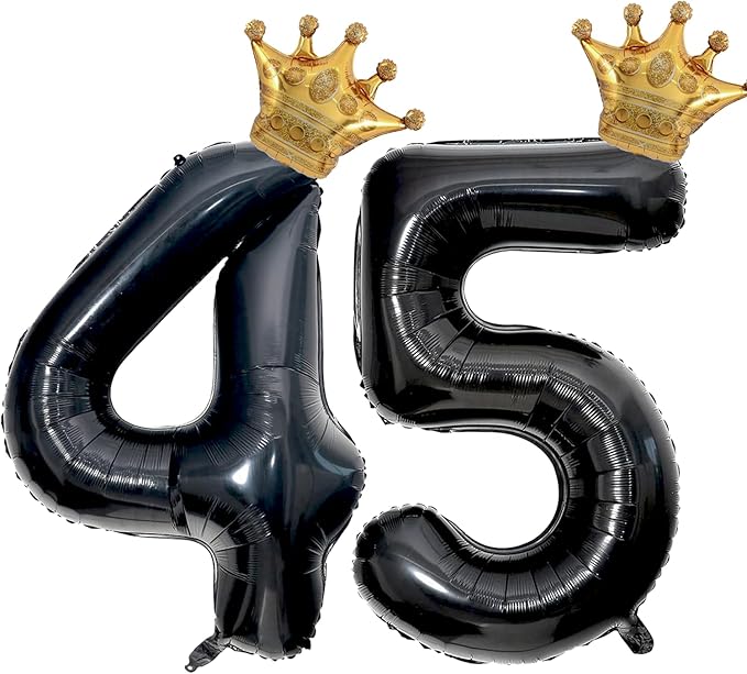 40 inch Large Black 45 Balloon Number with Gold Crown Balloons 45th Birthday Big Foil Mylar Helium Balloon for Women Man 45th Birthday Anniversary Decorations Supplies Favors(Number 45 Balloons）