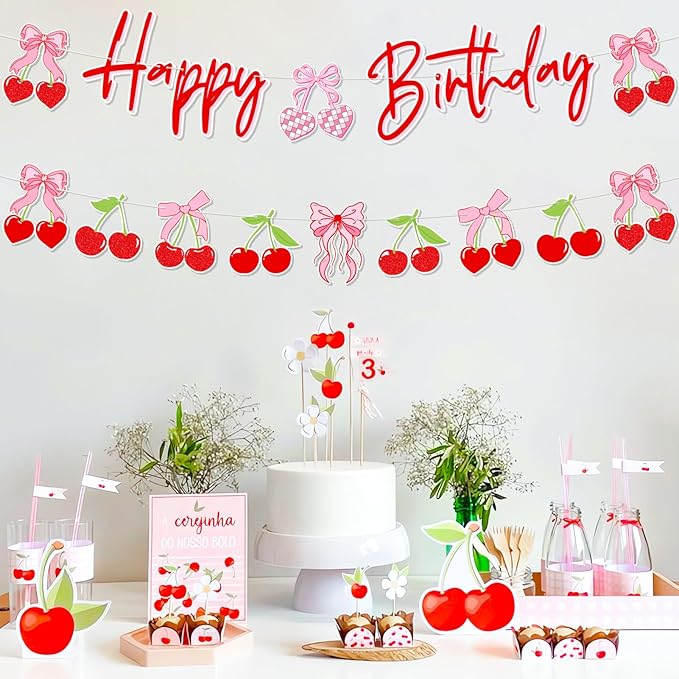 Pre-Strung Cherry Birthday Decorations, NO DIY Happy Birthday Banner, Cherry and Bows Themed Party Supplies