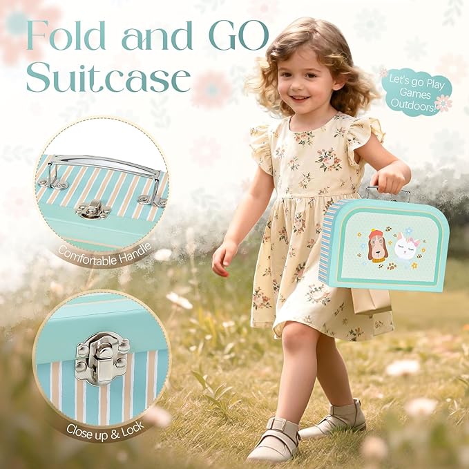 Portable Dollhouse Suitcase for Ages 3-8, Foldable Bedroom Playset with 21 Wooden Furniture, Cute Animal Dolls & Accessories, Travel-Friendly Pretend Play Toy