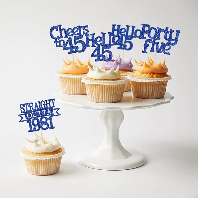 Ephlyn 24Pcs 45th Birthday Cupcake Toppers Glitter Straight Outta 1981 Cupcake Picks Hello 45 Cheers to 45 Years Cake Decorations for 45th Birthday Anniversary Party Decorations Supplies Blue