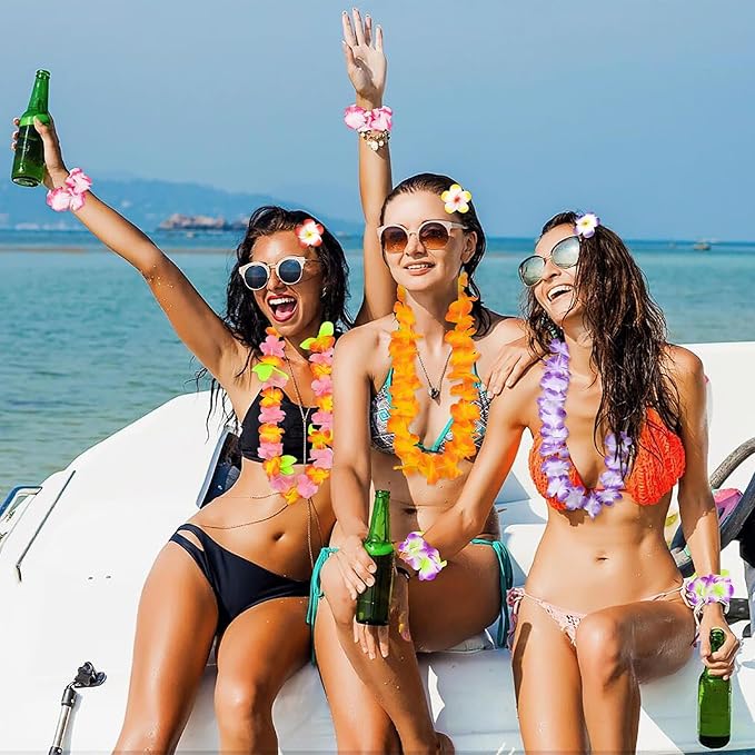 80PCS Hawaiian Luau Leis Party Photo Booth Props Decorations Supplies Set for Adults: Tropical Tiki Flowers Necklaces + Paper Glasses + Bracelets + Hair Clips Bulk Summer Pool Birthday Decor Favors