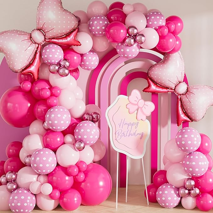 Pink Mouse Balloon Garland Arch Kit – 124 Pcs Hot Pink, Pastel and Polka Dot Balloons with Bow, Mouse Themed Girl Birthday Baby Shower Party Decor