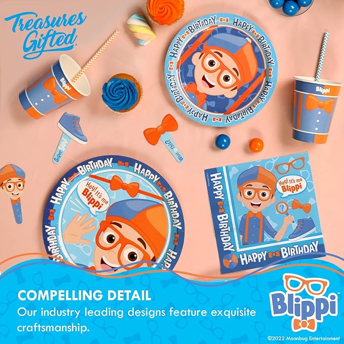 Treasures Gifted Officially Licensed Blippi Birthday Party Supplies - Set of 3 Pre-Strung Birthday Banners - 1 Banner & 2 Triangle Pennants - Blippi Party Decorations