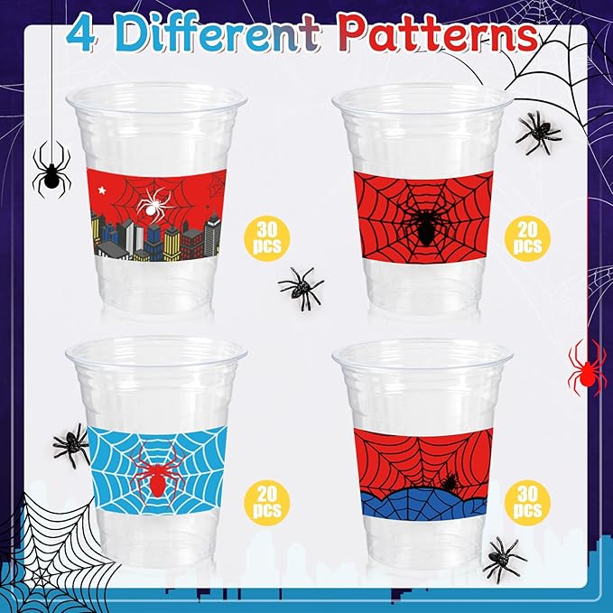 100Pcs Spider Web Birthday Party Decorations Cups, 12 OZ Disposable Plastic Drinking Cups Hot Cold Drink Wine Coffee for Home Sports Birthday Christmas Themed Holiday Party Supplies Favors