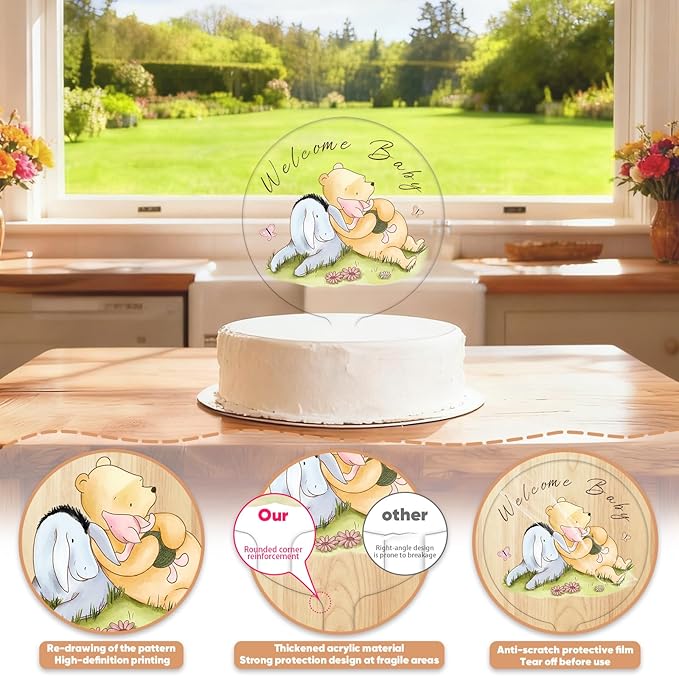 Classic Bear Cake Topper Acrylic 5x7" Vintage Style for Baby Shower Decorations, Winnie Themed Birthday Party Supplies, Oh Baby Welcome Home Cake Decor, Sturdy & Washable Keepsake