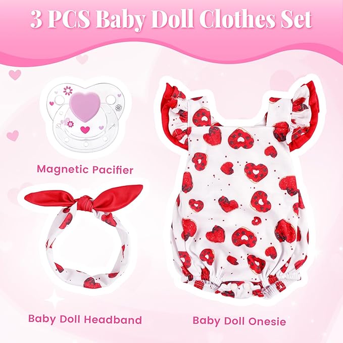 BABESIDE 3 Pcs Reborn Baby Doll Clothes for 17-22 Inch Dolls, Baby Doll Outfit Accessories with Heart Pattern fit Babydolls Girl , Red