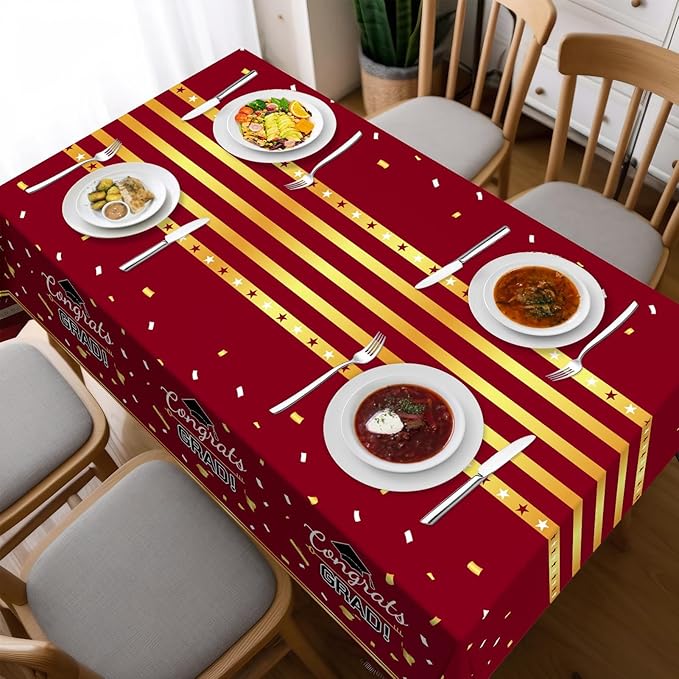 Childom 3 Pack Graduation Tablecloth,Graduation Decorations Class of 2026 Graduation Party Decorations,54"x108"Wine Red and Gold Plastic Table Cloth Disposable Rectangle for Home,School Party Supplies