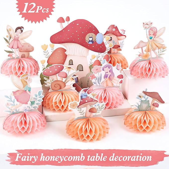 SUNBEAUTY 12 PCS Fairy First Birthday Decoration Fairy Centerpieces for Tables Mushroom Honeycomb Centerpieces Butterfly Flowers Birthday Party Decorations for Spring Garden Baby Shower