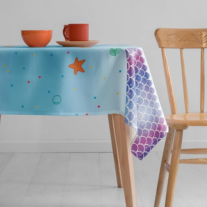 Mermaid Tablecloth 54×108 in, Under The Sea Plastic Table Cloth, Ocean Table Cover with Colorful Fish Scales, Starfish and Seashell, Disposable Plastic Party Tables Decor