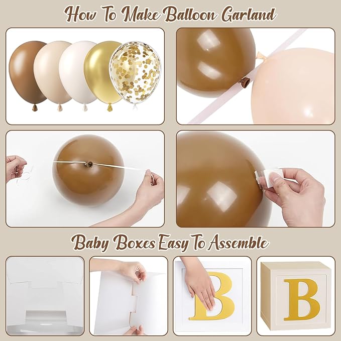 Neutral Baby Shower Decorations, Brown and Gold Balloon Arch Kit With Balloon Boxes Gold Letter for Neutral Bear Baby Shower Boho Gender Reveal Birthday Party Decorations Supplies