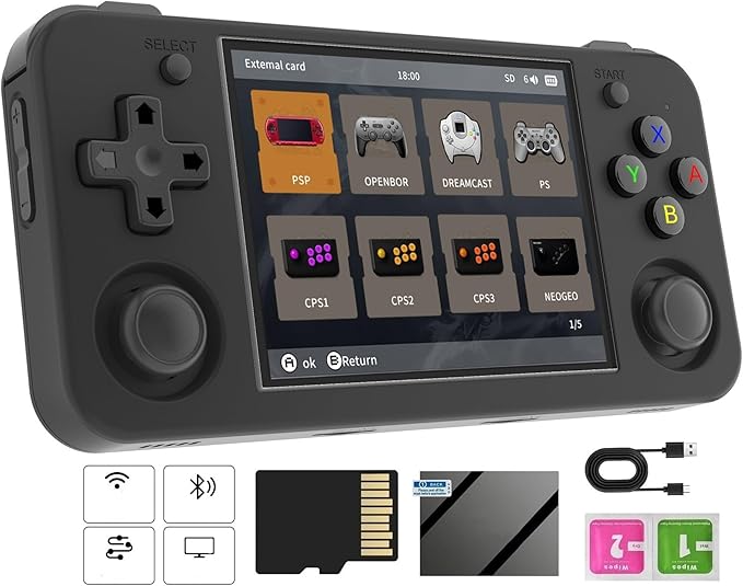 RG35XX H Retro Handheld Game with Linux System, RG35XXH 3.5 Inch IPS Screen Built-in 64G TF Card 5528 Games Support TV Output 5G WiFi Bluetooth 4.2(Transparent Black)