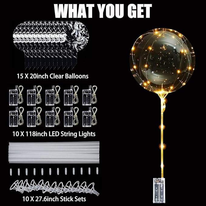 LED Balloons Light, 10 Pack LED Balloons with Sticks, 20 Inch Clear Bobo Balloon with Lights Helium Glow Bubble Lights for Party Supplies Valentines Decor (Warm)