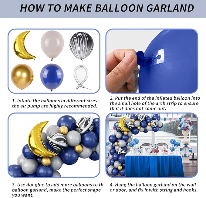 Outer Space Astronaut Balloon Garland Arch Kit Pearl Navy Blue Onyx Black Gray Gold Latex Balloons with Moon Foil Balloon Galaxy Starry Night to the Moon DIY Birthday Party Decoration Baby Shower