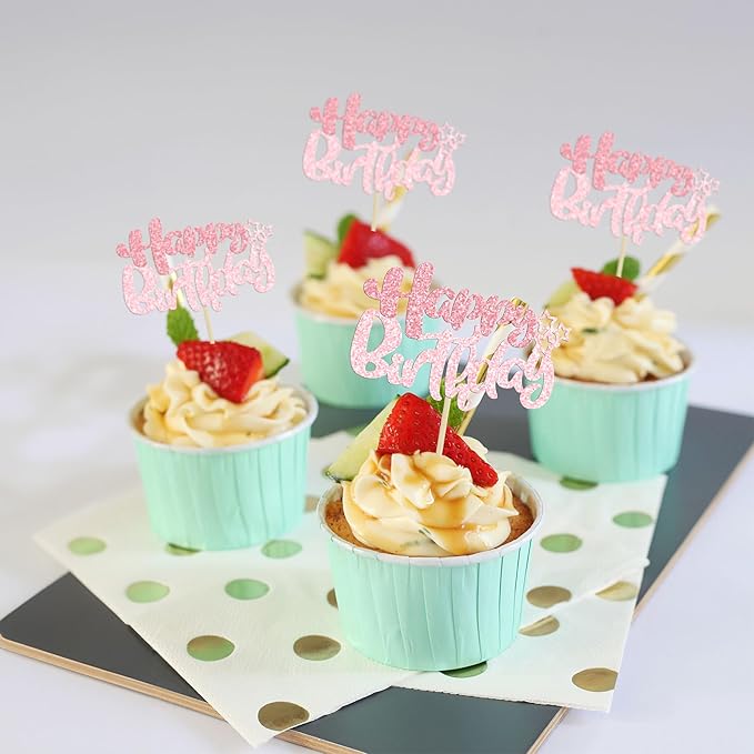 Ephlyn 24Pcs Pink Light Pink Happy Birthday Cupcake Toppers for Baby Shower, Kids Boys Girls Birthday Anniversary Party Cake Decorations
