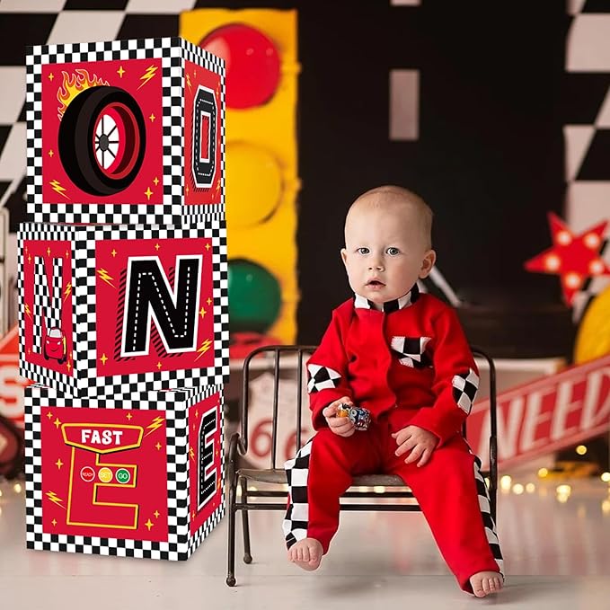 TONIFUL Race Car 1st Birthday Party Supplies Red Yellow Black Balloon Box with Letters，Fast One Theme One Year Old Birthday Party Favors for Kids Baby Shower First Birthday Decoration