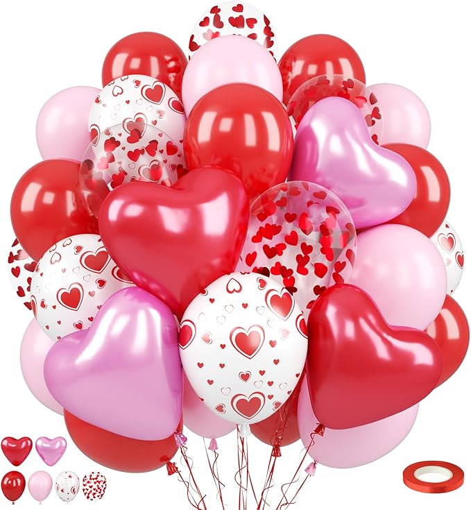 Light Pink and Red Balloons, 12 Inch 50 Pcs Pink and Red Heart Shaped Latex Balloon, White Heart Printed Balloons, for Valentine’s Day Wedding Engagement Anniversary Birthday Party Decorations