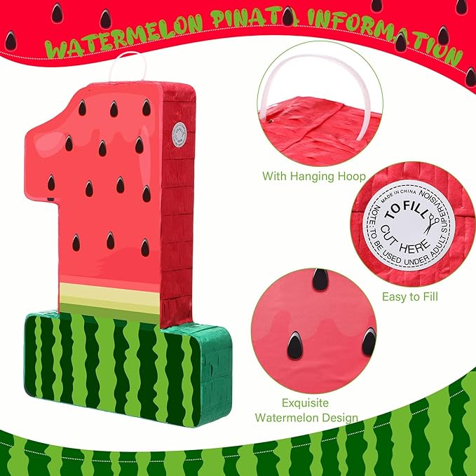 Watermelon Piñata Fruit Number 1 Red Watermelon 1st Birthday Piñata with Bat Stick Blindfold Mask Confetti for Summer Theme Summer Birthday Party Supplies (1)