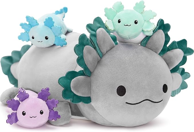 4Pcs Axolotl Plush, Cuddly Stuffed Animal Mommy 24 inch with 3 Baby Plushies in Tummy, Soft Toys Gifts for Kids Girls Boys