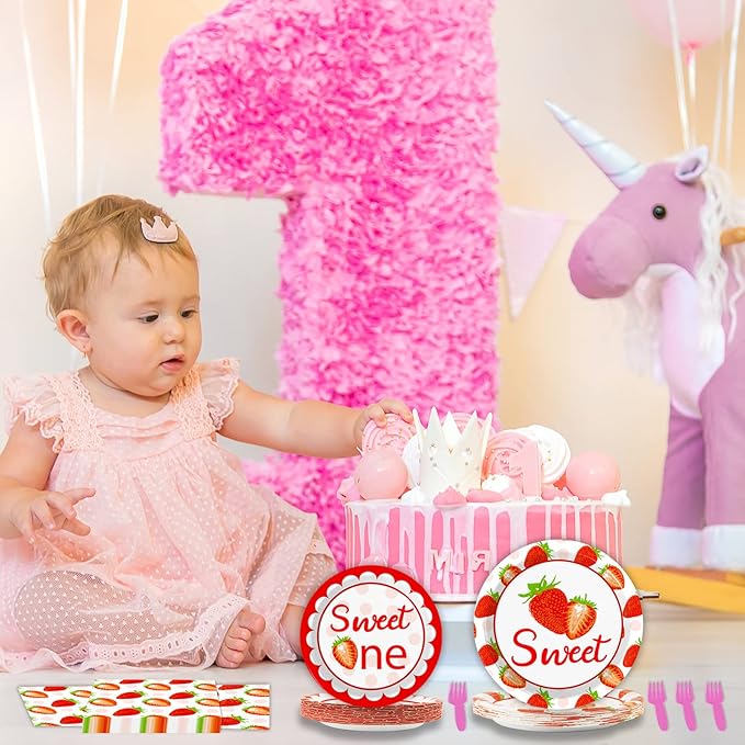 gisgfim 96 Pcs Strawberry Party Supplies - Paper Plates, Napkins, 1st Birthday Tableware Set - Summer Sweet Berry Decorations for Kids - Serves 24