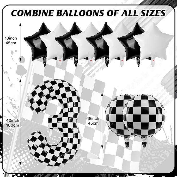 40 Inch Checkered Number Balloons 3 Black and White Foil Balloon for Girls & Boys Racing Car Theme Birthday Party Decorations, Party Supplies & Favors (Number 3)