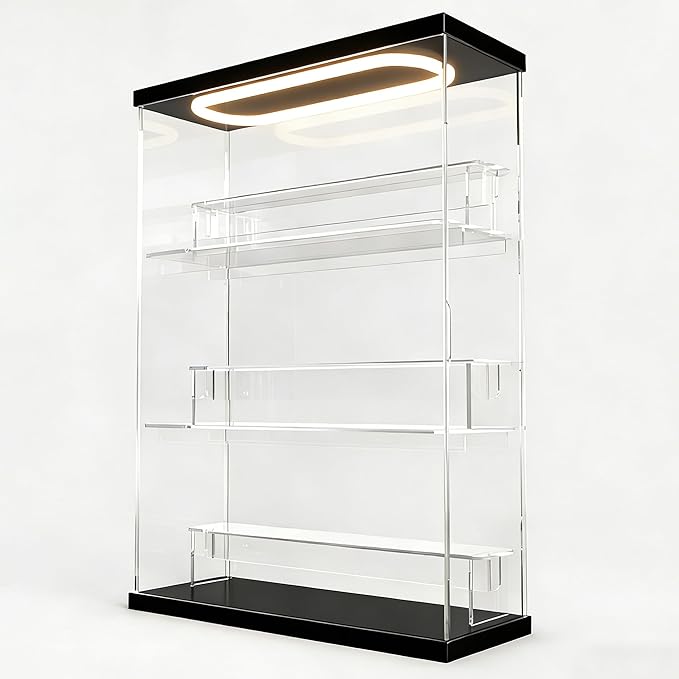 DuvinDD Acrylic Display Case for Collectibles with LED Light Top, 3-Shelves Clear Figure Display Case with Door, Dustproof Hot Wheels Display Case Storage Box Black(12.4x4.5x16.7inch)