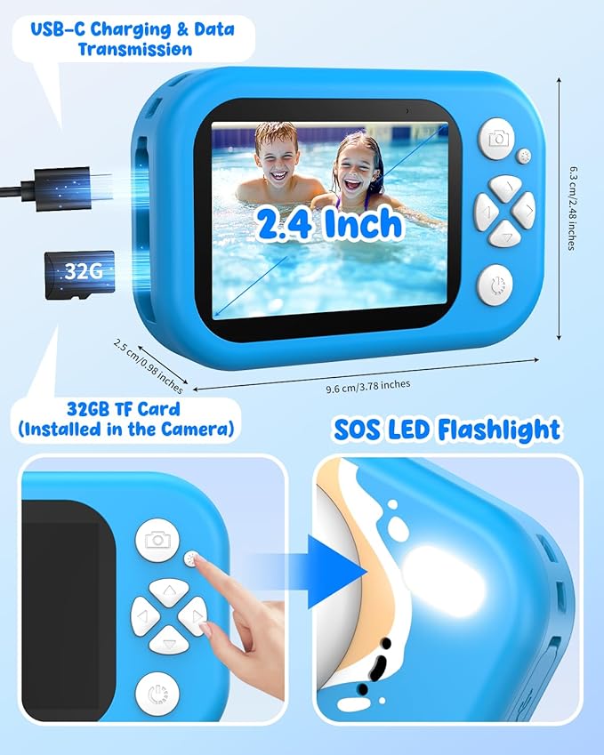 Waterproof Kids Camera, Underwater Camera for Kids 1080P Digital Video Camcorder with 2.4” Display, 32GB TF Card, Emergency LED Flash, Diving Swimming Beach Pool Toys for 3-12 Years Old Boys, Blue