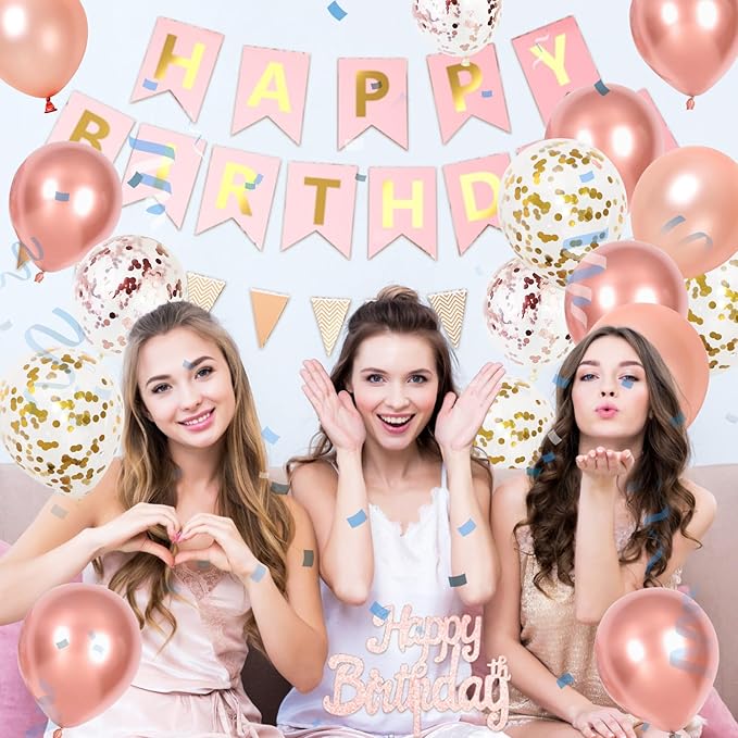 Rose Gold Birthday Decorations For Girl Woman, Happy Birthday Party Decorations With Metallic Pearl Rose Gold Confetti Latex Balloons Banner Fringe Curtain Cake For Party Decor