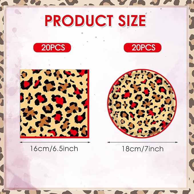 40 Pcs Cheetah Print Birthday Decorations Red Black Leopard Print Tableware Safari Animal Jungle Birthday Party Decor Supplies Includes 20PCS Dessert Plates and 20PCS Napkins for Girls Women