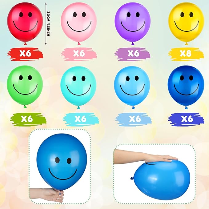 Sratte 50 Pcs Happy Smile Balloons for Birthday Party 12'' Latex Smile Face Colorful Naughty Balloons Party for Baby Shower Wedding Decoration Festive Supplies (Assorted Color)