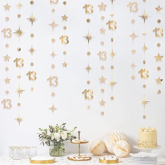Champagne Gold 13th Birthday Decorations Number 13 Circle Dot Twinkle Star Garland Glitter Streamer Banner Backdrop Girls Boys Cheers to 13 Years Old Birthday Official Teenager Party Supplies