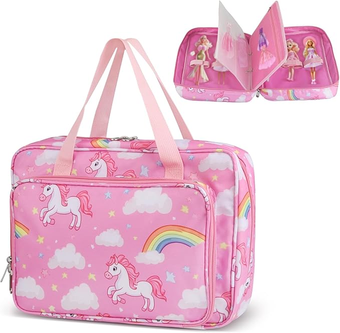 Doll Carrying Case Accessory Organizer Storage, Case to Hold Dolls and Clothes, Much Pocket for Doll’s Clothes, Accessories, Fits 6 Dolls & Accessories, Secure Straps Protect Dolls - Pink