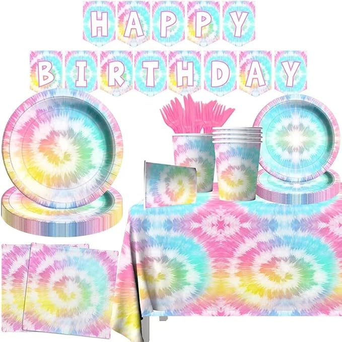 142Pcs Tie Dye Birthday Party Decorations,Colorful Birthday Party Supplies Tableware Includes Tie Dye Plates and Napkins,Cups,Tablecloth,Happy birthday Banner, Serve 20