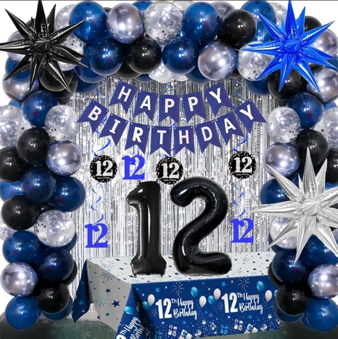 12th Birthday Decorations for Boys and Girls Dark Blue, 12 Year Old Party Supplies with HAPPY BIRTHDAY Banner 12 Balloon Number Tablecloth Foil Star Balloons Garland Arch Kit