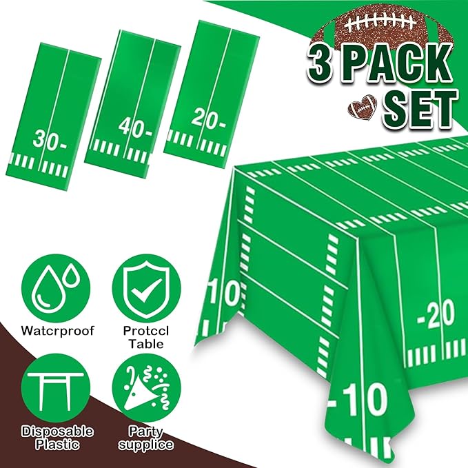 Football Party Decorations Disposable Tablecloth Plastic Touchdown Table Cover for Football Birthday Party Decorations and Games Tailgate Decorations 54 X 108Inch, 3 Pack(Green)