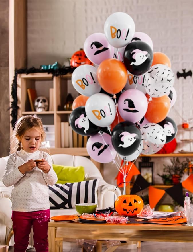 Halloween Balloons,12 Inch Pink,Black,Orange,White Balloons,Hey Boo Balloon with Cute Ghost,Wizard Hat,Bat Design for Halloween Party Decorations,Birthday,Baby Shower-50Pcs