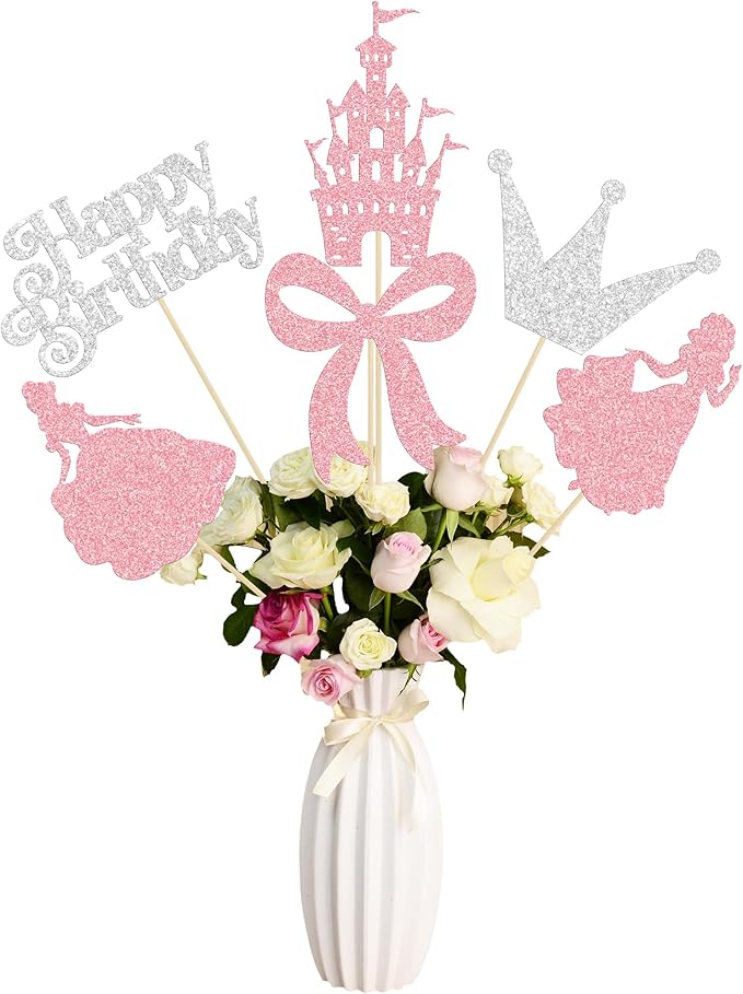 Gyufise 12Pcs Princess Centerpiece Sticks Birthday Bowknot Castle Birthday Table Flower Centerpieces Sticks Crown Bow Party Decorations for Bridal Shower Birthday Wedding Party Supplies Pink