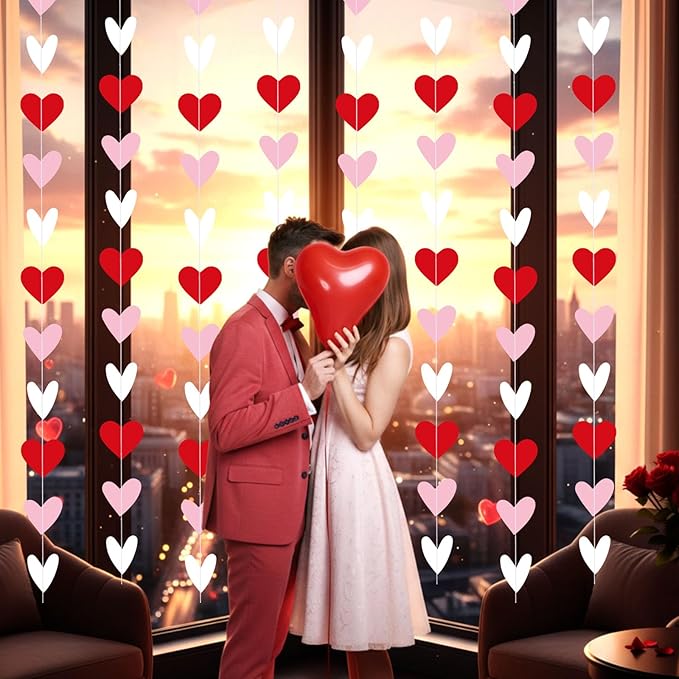 Capoda 8 Pcs Valentine's Day Garland Decorations Red Pink White Heart Garland Banners Solid Outlined Romantic Hearts Hanging Banners for Sweet Day Birthday Wedding Anniversary Party Supplies