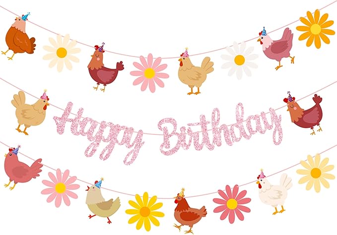 Chicken Themed Birthday Party Supplies Daisy Chicken Happy Birthday Banner Pink Glitter Floral Little Chick Party Decoration Hen Themed Cutout Banners for Girls Farm Animal Bday Baby Shower Supplies