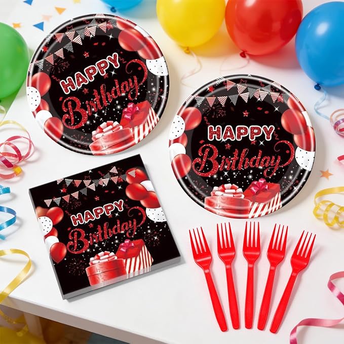 Red and Black Birthday Party Tableware Supplies Set Red Party Confetti Sprinkles Happy Birthday Party Decorations