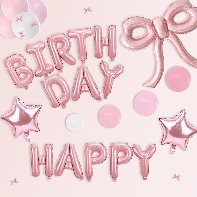 Bow Party Decorations Pink Happy Birthday Balloons Banner Pink Birthday Decorations Bow Balloons for Women Girls Birthday Decor Party Supplies