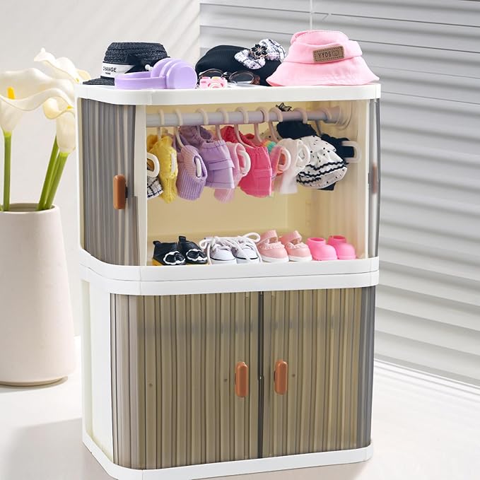 Foldable Doll Wardrobe Closet Storage Box Compatible with Labubu Clothes with 15 Hangers & Rod - Stackable Organizer Cabinet for 15/17cm Doll Clothes with Dust-Resistant Cover and Display Shelf