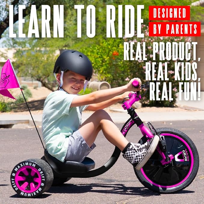 Drift Trike for Kids Ages 5+ – 16" Front Wheel Ride-On with Adjustable Seat, Steel Frame, Rear Slick Drift Wheels & Safety Flag – Madd Gear (Pink/Teal)