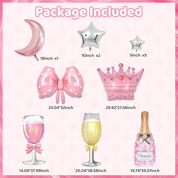Ouddy Life Pink Happy Birthday Party Decorations for Women Girls, Pink Happy Birthday Love Crown Bow Bottle Lipstick Balloons Fringe Curtain for Princess Birthday Wedding Baby Shower Party Supplies